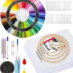 Qroof Embroidery Materials Starter Kit,100 Colour Threads,4 Pcs Bamboo Hoops,3 Pcs Aida Cloth And Cross Stitch Hand Embroidery Beginner Supplies Tool, Blue-picture-21