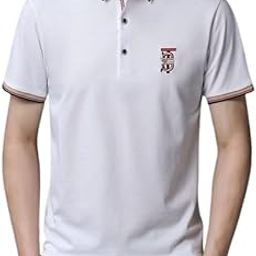 Men's White Polo T-Shirt with Plaid Collar, Short Sleeve, Casual Cotton-image-99