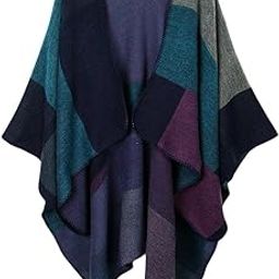 Women's Plaid Color Block Shawl Wrap Open Front Poncho Cape Cardigan Purple | Womens Clothing |Sweaters-picture-23