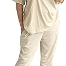 sxv style Women's Ribbed Loungewear Set, Short Sleeve T-Shirt and Pants, Beige-picture-0