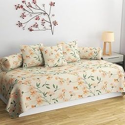 Decozom Stylish Threads Heavy Cotton 8 Pieces Diwan Set ||1 Single Bedsheet, 2 Bolster Covers, 5 Cushion Covers || :- Cream Flower-image-26