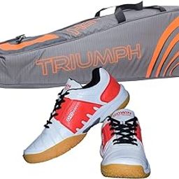 Gowin Badminton Shoe Power White/Red Size-5 with Triumph Badminton Bag 304 Grey/Orange-image-70
