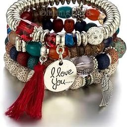 Latest Stylish Bohemian I Love You Feather Tassel Charm Multilayer Beaded Bangle Bodhi Bracelet for Women and Girls-image-0