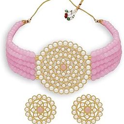 Gorgeous Gold Plated Pink Pearl Choker Necklace Set with Stud Earring for Women-image-1