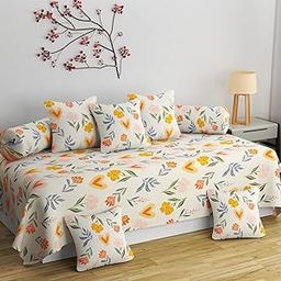Fabture 8 Piece Cotton Diwan Set (1 Single Bedsheet 5 Cushion Covers and 2 Bolster Covers) (Light Flower)-image-57