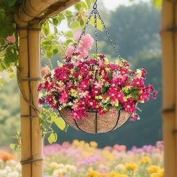 UJEAVETTE Artificial Flowers Basket Porch Flower Centerpieces Decor Fake Hanging Plant Pink-image-49