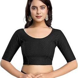 Avnils's Women's Dobby Pure Cotton Elastin Stretchable Readymade Round Neck Elbow Length Sleeves Blouse Choli with Textured Pattern (Black, 30)-image-88