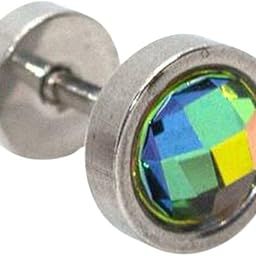 Men's Silver Screw Stud Barbell Earrings with Round Rainbow-image-53