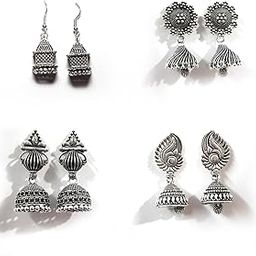 Earrings for women Traditional jhumka small size | Earring Combo Pack of 4 for Girls | Oxidised Earring Silver Color-46