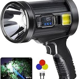 Rechargeable Spotlight Flashlights High Lumens, 90000 Lumens Led Spotlight with 3 Main Modes and 4 Colors Filter, Spot Light Outdoor Handheld Included USB Cable, for Fishing Camping Hunting Spotlight-0
