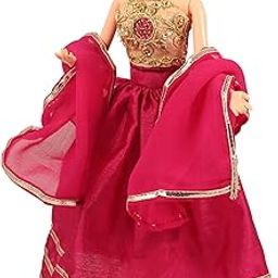 Aanchal traders Esthetic Dark Pink Lehenga Stylish no Strip Blouse and gota Work Traditional Lehenga for Your Doll 30 cm-image-3