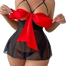 LUXZII Sexy Women's Sheer Lingerie Babydoll with Big Red Bow, See-Through Mesh Nightwear with Strappy Detailing & Matching Thong, Valentine’s Day, Anniversary, or Bridal Gift-image-52