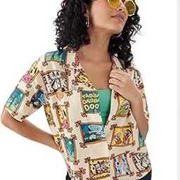 Official The Flintstones: Let's Rock Women and Girls Short Sleeves Collared Neck Multicolor All Over Printed Rayon Holiday Shirts-20