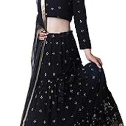 Women's Embroidery Work Georgette Fabric Flared Lehenga Choli Semi Stitched Free size (Black_Semi Stitched).-image-14