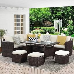 Mymigos 6PCS L-Shape Patio Rattan Dining Set Cushioned Chairs Ottoman Wood Table Top Outdoor Dining Table for Porch Lawn Garden Backyard (Dark Brown and Off-White)-image-18