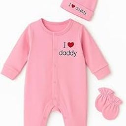 Baby Romper Gift Pack for Newborn Babies | 100% Cotton Sleepsuit/Bodysuit with Matching Cap & Mittens | Soft, Skin-Friendly, Bio-Wash Cotton Night Suits for Infants | 0-3 Months, I Love Daddy, Pink-image-2