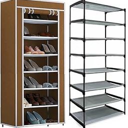 EXPOSURE 7 Layer Multipurpose Metal Pipes Non Woven Cover and Shelf with Single Connector Collapsible Shoe Rack (Brown), Cm-3