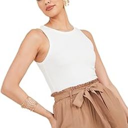 Women Casual Solid Ribbed Knit Fitted Bodysuit – Elegant and Comfortable Non-Padded, Sleeveless with Round Neck, Cinched Waist, Perfect for Summer Top for Women-image-46