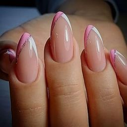 Set of 14pc Press-On, Short Almond Glossy Nude Base With Pink & White Pink Glitter French, Nail Extensions With Free Glue Kit-image-0
