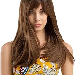 LUSH LOCKS® Human Wigs with Bangs Long Straight Brunette Wig Natural Look Realistic Synthetic Hair Wig For Women and Girl (Brown)-image-49
