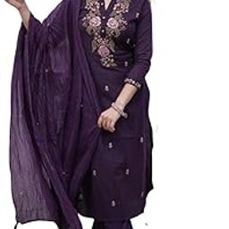 Women's Cotton Embroidery work Straight kurti with Pant & mulmul dupatta set-53