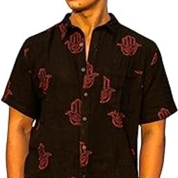 Men's Short Sleeve Button-Down Shirt with Red Hamsa Hand Print - Ethnic Inspired Casual Top - Bohemian, Spiritual, Symbolic Fashion-image-16