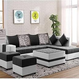 FURNY Stolan 8 Seater Fabric RHS Sectional L Shape Sofa Set with Centre Table & 2 Puffy (Dark Grey-Light Grey)-image-70