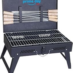 VINR Briefcase Style Traveler Foldable Charcoal Barbeque Grill Set Tandoor | Smoking Kebab Maker | Barbeque Grill Set For Home | Portable Both Indoor and Outdoor with 8 Wooden Handle Skewers (Black)-picture-1
