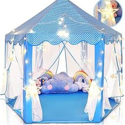 BabyGo Kids Prince Princess Castle Theme Play Tent with Mosquito Net Design for Kids (Blue with Light)-image-15