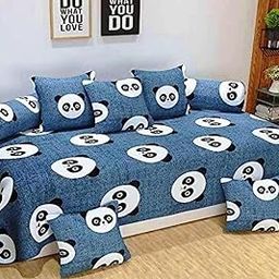 BLACK SPADE Diwan Set Covers 8 Pieces Heavy Glace Cotton Designer Printed Standard Diwan Set (1 Single Bedsheet, 2 Bolster Covers and 5 Cushion Covers) (Black Panda)-image-99