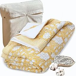 TOAIArt Jaipuri Quilt | Lightweight Comforter/Razai/Rajai | Hand Quilted | Block Printed Reversible 3 Layer| Premium Mulmul Cotton| Cotton Wool Filling| Single Size 60” X 90” | Yellow Kalamkari-image-29
