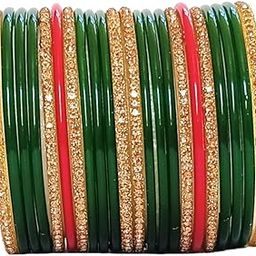 Women’s Plain Green and Golden Zircon Glass Bangle with Red Mix – Glass Bangles Set for Mehndi, Sawan, Teej & All Festivals – Traditional Glass Bangles Set- Chudi Set Of 22 Pices-0