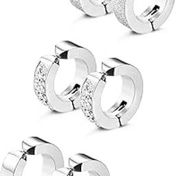 3 Pairs Stainless Steel Mens Womens Hoop Earrings Clip On CZ Non-Piercing, Stainless Steel Cubic Zirconia, Cubic Zirconia-image-34