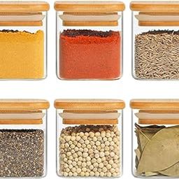 Jinelza Airtight clear glass storage canister with wood lid food storage container jar with sealing bamboo lid for kitchen storage and multipurpose use (220ML SQUARE JAR, 6 PCS)-16