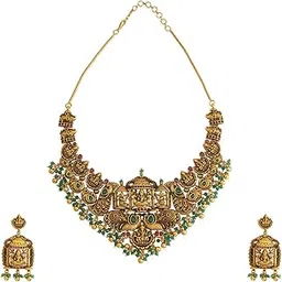 kushal's Fashion Jewellery Ruby-Green Gold Polished Antique Short Necklace With Push Back Hanging Earringsand Adjustable Chain for Bridesmaids, Necklace set for women - 436280-picture-11