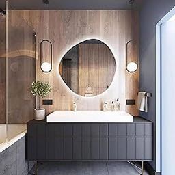 ALFA Design LED Wall Mirror 24"x24" | Irregular Shape with Adjustable 3-Color Lighting (Warm, White, Natural) | Dimmable Front & Backlit | Decorative Wooden Frame for Bathroom & Vanity Decor-picture-0