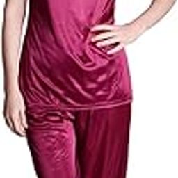 Women's Satin Soft and Smooth Solid Nightwear Cap Sleeve Night Suit Top and Pajama Set (SL008, Wine, Large)-picture-7