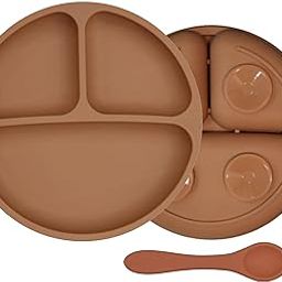 FunBlast Silicone Suction Plate with Compartments & Spoon – BPA-Free Baby Feeding Set, Strong Suction, Non-Slip Toddler Plate for Self-Feeding, Microwave & Dishwasher Safe (Brown)-image-25