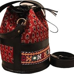 Women's Black Ajrakh Leather Embroidered Potli Bag-image-28