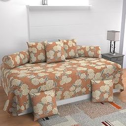MANIQATEX Floral Diwan Set with 5 Cushions and 2 Bolsters, Peach Orange with Cream Hydrangea Print-image-71