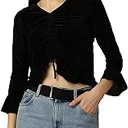sxv style SXV Ruched Pullover Black Velvet Crop Top-picture-36