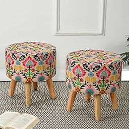 RIANCE CREATIONS Ottoman Pouffes Combo Handcrafted Seating Stool for Living Room| Foot Rest Stool with Cushion for Bed Room Puffy Furnitures for Home(Pack of 2,Leaf Printed Stool)-image-5