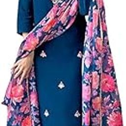 Women's Petrol Rayon Blend Embroidered and Printed Straight Kurta with Rayon Blend Pant and Organza Printed Dupatta Sets-picture-12