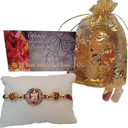 Sarnaya Essence Handcrafted Ganpati Rakhi for Brother – Red & Green Thread with Red and Green Charm, Rudraksha & Beads | Includes Tilak, Mishri & Greeting Card | Raksha Bandhan Gift Combo-image-97