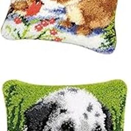 LICHTS® 2 Sets DIY Pillow Cover Latch Hook Kits for Beginner Dog Rabbit Pattern|Crafts | Needlecrafts & Yarn | Rug Making | Latch Hooking-image-73