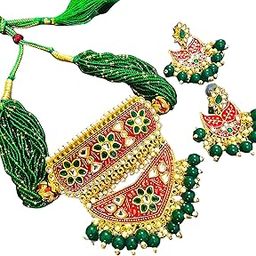 Artificial Rajasthani Kundan Aad Necklace Jewellery Set with Earrings | Green & Gold Pearl Bridal Set for Women & Girls (Green 2057)-image-45