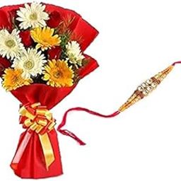 Floral Fantasy® Original Real Fresh Flower Bouquet For Rakhi Gift (Bunch Of 5 Red Roses & 7 Gerberas with one Rakhi)-image-97