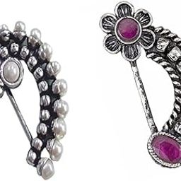 Oxidised Silver Nose Pin Nath for Women 2 Pcs Kolhapuri Maharasthrian Non-Piercing Nath Combo Pack for Women and Girls-image-81
