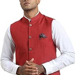 Men Red 100% Cotton Self Design Formal Nehru Jacket||men's vest-68