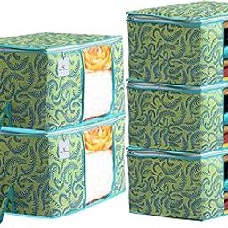 Kuber Industries Metallic Printed Non Woven 3 Pieces Saree Cover and 2 Pieces Underbed Storage Bag, Cloth Organizer for Storage, Blanket Cover Combo Set (Green) -CTKTC38525-image-9